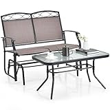 GIANTEX Gartenbank Schaukelbank 2 Sitzer mit Couchtisch, Gartenschaukel Sitzbank Metall & Textilene, 2er Set Gartenmöbel Balkonmöbel Set Balkonset Schaukel Bank Garten, Gartengarnitur Sitzgruppe