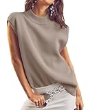 Damen Pullunder Ärmelloses Basic Strick mit Stehkragen Loose Fit Strickweste Strickpullunder Tank Top Graubraun M