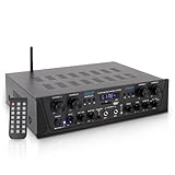 Pyle Bluetooth Stereo Verstärker 500 W – 4-Kanal Mini Receiver mit USB, AUX, FM-Radio, Subwoofer RCA & Mikrofoneingang mit Echo Kabelloses Streaming, Für Heimkino, Studio & PA-Anlage