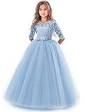 IBTOM CASTLE Blumensmädchenkleid Prinzessin Festliches Herbst Kinder Mädchen Kleid Festzug Kleider Hochzeit Partykleid Blau 5-6 Jahre