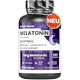 Melatonin Vitastrong Komplex, 365 Mikro-Tabletten, Hochdosiert mit Kamille, Baldrian, Lavendel und Vitamin B6, Melatonin Tabletten für Schlafqualität und Jetlag, Zucker- Gluten- und GVO-Frei