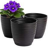 Home Garden Ornaments Pflanzentopf für Zimmerpflanzen – 3er Set Blumentöpfe aus Kunststoff mit Wellenstruktur, Drainagelöchern & integriertem Untersetzer – für Innen & Außenbereich (13 cm, schwarz)