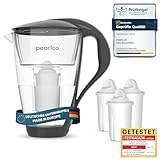 PearlCo Glas-Wasserfilter (anthrazit) Glaskanne mit 3 Classic Filterkartuschen – Reduzierung von Kalk & Schwermetall – Schützt Geräte – Besserer Geschmack von Kaffee & Tee – Made in EU