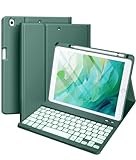 Vobafe Hülle mit Tastatur Kompatibel für iPad 9./ 8. /7. Generation 10.2 Zoll mit Stifthalter, Magnetisch 7 Farben Beleuchtung, Wiederaufladbar Abnehmbarer QWERTZ iPad Tastatur, Kieferngrün
