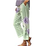 Generisch 7/8 Damen Freizeithose,Baggy Leinen Haremshosen,High Waist Leinenhose Leichte Elastische Bequem Palazzohose,Sommer Capris Weites Bein Straight Leg Freizeithose mit Taschen Kordelzug