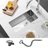 25*45*19cm Klein Spülbecken Edelstah 304, KEOKBON Küche Spüle Gebürstet Stain Küchenspüle, Unterbau oder Einbau Waschbecken für ab 45er Unterschrank-Anthrazit mit Überlauf und schnell Ablaufgarnitur