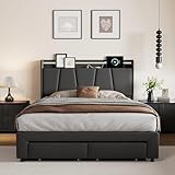 Doppelbett mit Stauraum 140 x 190 cm, Polsterbett mit LED-Lichtern und USB Ladestation, gepolstertes Bett mit Stauraum und Lattenrost, Dunkelgrau Leinen (140x190cm)
