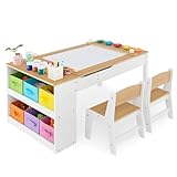 DREAMADE 3 in 1 Kindertisch mit 2 Stühlen aus Holz, Kinder Maltisch mit kippbarer Tischplatte & 6 Stoffboxen & 5 Malbehältern & Papierrolle, Kindersitzgruppe mit Stauraum für Kinderzimmer (Natur)