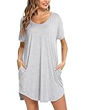 Aseniza Damen Nachthemd Kurzarm Baumwolle Nachtwäsche Negligee Loose fit Schlafhemd Kurze Sommer Schlafshirt Knielang Nachtkleid,A-Grau,M