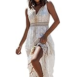 Damen Sommerkleid V Ausschnitt, Boho Kleid Damen Lang, Floral Spitze Quasten Cutout Partykleid Boho Ärmellos Maxikleider Leicht Und Luftig Strandkleid Beach Tunikakleid Einfarbig Freizeitkleider