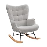Lazyspace Schaukelstuhl Relaxsessel Stillsessel Schaukelsessel Wohnzimmersessel Schwingsessel mit Metallgestell und Holzsockel, Belastbarkeit Bis 130 Kg, Teddystoff, Hellgrau, 75 x 68 x 92 cm