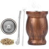 Soaeixa Mate Tee Set 1 Stück, Mate Becher, aus Rostfreiem Edelstahl mit Bombilla, Strohhalm, für Mate, Kaffee, Milch, Tee, Holz