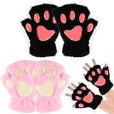 2 Paar Damen Fingerlose Handschuhe, Flauschige Katzenpfoten Handschuhe, Dick Warme Winterhandschuhe, Niedliche Plüsch Kätzchen Fäustlinge für Draußen, Cosplay (2, Schwarz/Rosa, Einheitsgröße)