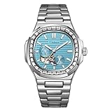 DAXIAOYU Zirkonia Diamanten Lünette Herren Casual Himmelblau Armbanduhren Skelett Automatische Mechanische Sportuhr Multifunktionale Wasserdichte Luxusuhr, Schwarz , Modern