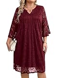 SweatyRocks Damen Tunika Kleid V-Ausschnitt Spitzenkleid Knielang Damenkleid 3/4-lange Ärmel Freizeitkleid Locker Spitze Kleider Bordeaux 1XL