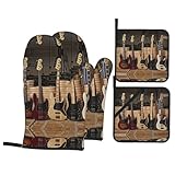Topflappen-Set, Motiv: Gitarre, Bass, Musikinstrumente, bedruckt, hitzebeständig, Küchenhandschuhe, Handschuhe zum Backen, Kochen, Grillen, 4 Stück