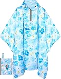 Bruvoalon 3-in-1-Regenponcho mit 1/4-Reißverschluss & Brusttasche, wasserdicht, Sonnenschutz, Bodenmatte für Erwachsene & Jugendliche, Notfall, blaue blume, Einheitsgröße