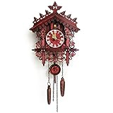 Kuckucksuhr Vintage Hausform, Kuckuckuhr Zentralsekundenbewegung,Retro Wanduhr aus MDF für Wohnzimmer, Schlafzimmer Dekoration Uhr, Rot
