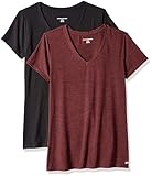 Amazon Essentials Damen Active Quick Dry Tech Stretch Kurzarm-T-Shirt mit V-Ausschnitt (in Übergröße erhältlich), 2er-Pack, Burgunderrot Space-dye/Schwarz, L