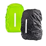 KATOOM 2er Regenhülle Rucksack Schulranzen Regenschutz wasserdichte Regenüberzug Ranzen Rucksackschutz für Outdoor Camping Wandern mit Reflektorstreifen Sicherheitshülle (schwatz+grün, M 30L-45L)