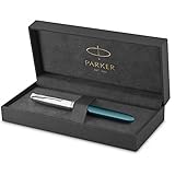 Parker 51 Füller | Petrolblauer Schaft mit Chromfarbenen Zierteilen | Füllfederhalter mit mittlerer Feder und schwarzer Tintenpatrone | Geschenkbox