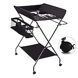 Wickeltisch Wand Klappbar - Baby Wickeltisch, Mobiler Wickelkombi mit Rädern Wickelauflage Ablagefächern, Höhenverstellbar Baby Klappbarer Wickeltisch Wickelkommode Klappbar, bis zu 25 kg (Schwarz)