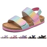 Torotto Sandalen Mädchen Jungen Mit Kork Sandals Kinder Pantoffeln Riemen Verstellbare Schnalle Rutschfeste Mit Klettverschluss Sandaletten für Drinnen und Draußen(Helles Regenbogen Glitter, 33EU)