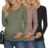 Ficerd 3er-Pack Damen-Umstands-Shirts, seitlich gerüscht, Schwangerschafts-T-Shirt, langärmelig, Basic-Tunika, T-Shirt, lässige Mama-Kleidung, Schwarz, Hellkaffee, Armeegrün, Mittel