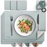 smøla 8-teiliges Tischset aus PU-Leder - inkl. Untersetzer I Platzset Abwaschbar I Platzdeckchen Set in Lederoptik, Tischunterlage für Teller & Gläser I Tischdeko Frühling, Blau/Silber