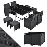 Juskys Polyrattan Sitzgruppe Baracoa L 9-teilig wetterfest, stapelbar - 4 Stühle, 4 Hocker, Tisch mit Glasplatte, Kissen - 8 Personen - Gartenmöbel Set für Garten, Terrasse