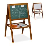 Relaxdays Kinderstandtafel, magnetische Spieltafel, höhenverstellbar, 65-77x39x44,5 cm, Whiteboard & Kreidetafel, braun