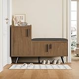 Luxeza Moderne Schuhbank Schuhtruhe Sitzbank mit DREI Stauraumtüren, Mit asymmetrischen Metallgriffen und Mehreren Ebenen zur Aufbewahrung - Maße: B100/T34/H69 cm (Natur)