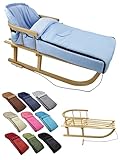 Kombi-Angebot [Holz-Schlitten + universaler Winterfußsack 108cm] Rodel mit Rückenlehne und Zugseil Fußsack geeignet für Babyschale Kinderwagen Buggy mit Thermofleece (hellblau)
