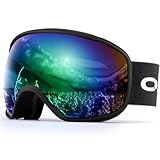 Odoland Skibrille Erwachsene Ski Goggles für Damen und Herren Jungen,Sphärisch Snowboardbrille UV-Schutz Kompatibler Helm Anti Fog für Skifahre Verspiegelt Schwarz + Grün