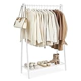 SONGMICS Kleiderständer, Garderobe, Garderobenständer, Kleiderablage, Stahlrahmen, mit Stange und Regal, 33,5 x 92,5 x 153 cm, für Schlafzimmer, Garderobe, Waschküche, Weiß HSR023W01