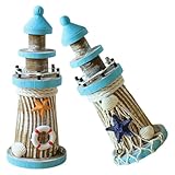 GRIRIW 2 Stück Kleiner Leuchtturm Dekofiguren aus Holz Maritime Küstendekoration für Wohnzimmer Büro und Badezimmer Handgeschnitzt Farbecht Maritimes Tischornament