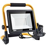 LED Baustrahler, 50W 5000LM Arbeitsleuchte, LED Arbeitsleuchte mit Stecker, IP66 Wasserdicht Baustrahler mit 4M Kabel, Tragbar für Werkstatt oder Baustelle,Garage, 6500K
