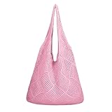 Tote Bag Damen, Geflochtene Tasche Strohtaschen Damen Sommer Netztasche Klein Gehäkelt Leichte Beach Bag for Women Korbtasche Geflochten Strand Strandtasche Elegant Pink