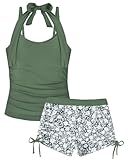 FishingDino Badeanzug Mädchen mit Gepolsterte BHS, Kinder Tankini Mädchen Set mit Neckholder Top & Boy Shorts, Teenager Schwimmshirt Schwimmanzug, Armeegrüne Bäume 9-10 Jahre/134-140