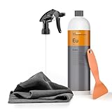 Klebstoffentferner Set | Koch Chemie Eulex 1l Klebereste Entferner + Sprühkopf + Mikrofasertuch+ Schaber | Entfernt Kleberückstände wie Aufkleber Etiketten von Glas Lack Metall | Etikettenlöser