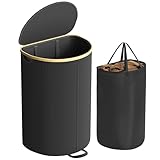 SONGMICS Wäschekorb, Wäschesammler, 90 Liter, Wäschetonne mit Deckel, Wäschesack herausnehmbar, für Waschküche, Schlafzimmer, Wohnzimmer, tintenschwarz-naturbeige LCB547B01
