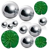 JWTRSVTY Edelstahl Spiegelkugel, 12Pcs Klein Garten Teiche Deko Set, Schwimmende Teichkugeln Keramik Teich Spiegelkugel Edelstahl Dekorative Lotusblätter, für Mini teich Springbrunnen Garten