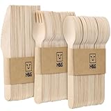 H&S 150 Stück Einweg-Holzbesteck – Bio, stabil & nachhaltig für jede Party - Je 50 Löffel, Messer, Gabeln – Nachhaltige Alternative zu Plastikbesteck - Cutlery Set - Besteck Set -