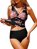 UMIPUBO Tankini Damen Bauchweg Sexy V-Ausschnitt Badeanzug Sets Große Größen Push up Bademoden Hight Waist Bikini Set Badehose(Schwarz Blume,L)