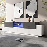 UIXENI LED TV Cabinet with Drawer, Modern TV Entertainment Center Lowboard with Glass Floors, Gaming Media Cabinet TV Console with Storage for 80 inch TVs