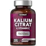 Kalium Tabletten 1500mg mit 200mg Vitamin C | 120 Kaliumcitrat vegane Stücke | Potassium Citrate Supplement | von Horbaach