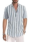Meilicloth Gestreiftes Hemd Herren Kurzarm Freizeithemd Sommer Casual Regular Fit Grau Blau Weiß M