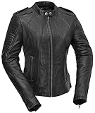 First Mfg Co Biker – Damen-Motorrad-Bikerjacke zum Reiten, schwarze Lederjacke – Größe M – Rückenpanzertaschen, Zwickel, seitliche Entlastung, Reißverschlüsse, belüftet