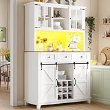 BXEYXE Küchenschrank(105×38.4×180cm), Hochschrank Küchenbuffet, Vitrinenschrank, Buffetschrank mit Verstellbaren Ablagen, Sideboard mit LED-Beleuchtung,Variable Lichtfarben,weiß