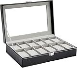 Ohuhu Uhrenbox mit 12 Fächern, Watch Box Uhren Aufbewahrungsbox mit Glasdeckel, Uhrenkasten aus PU Leder und Samt Innenfutter, Geschenkidee für Geburtstag Vatertag Weihnachten